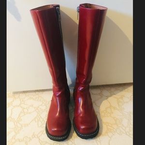 Fluevog F-Shoes Cece red leather zippered knee high boots EUC